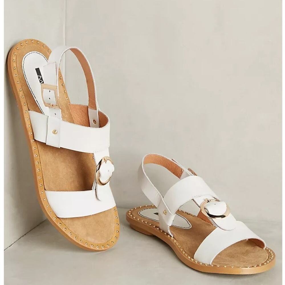 Matiko Aria White Leather Studded Flat Heel Slingback Sandals Womens Size 8.5